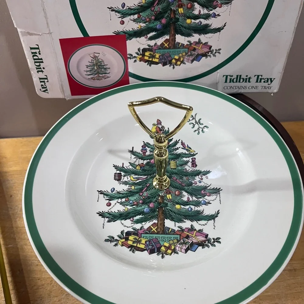Vtg‎ Spode Christmas Tree Tidbit Tray S3324-L Serving Plate Gold Handle England
